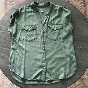 Aerie Rolled Cap Sleeve Button-Down Shirt - Aerie - Green Size S